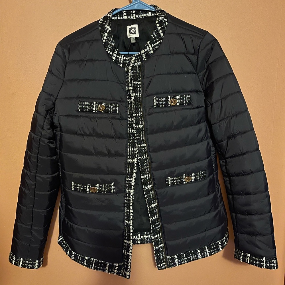 Anne Klein quilted, puffer jacket with tweed trim.